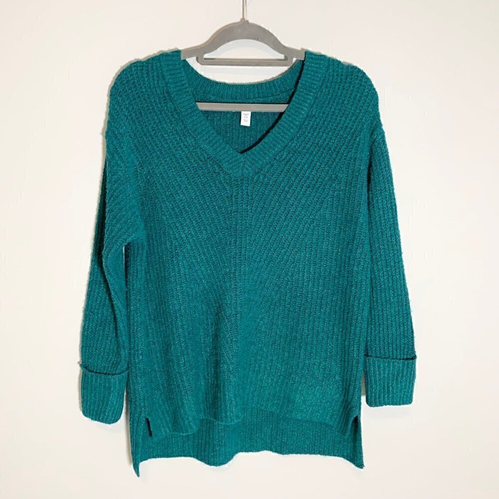 NEW Nine West Womens Plus 0X‎ Teal Green V-Neck Ribbed Knit High Low Sweater